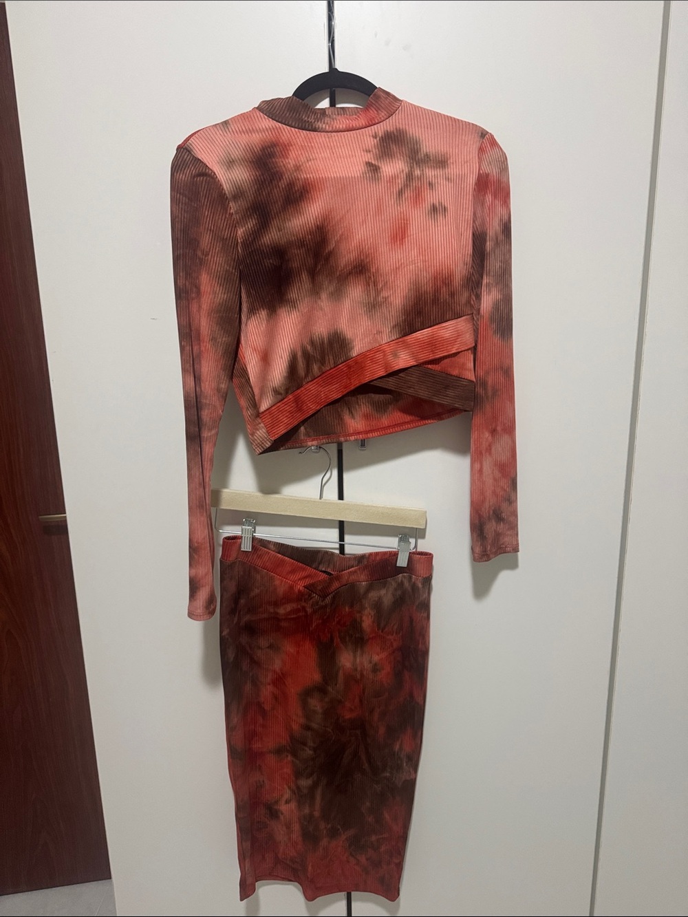 Fashion Nova Red & Brown Tie-Dye Ribbed Crop Top and Midi Skirt Set